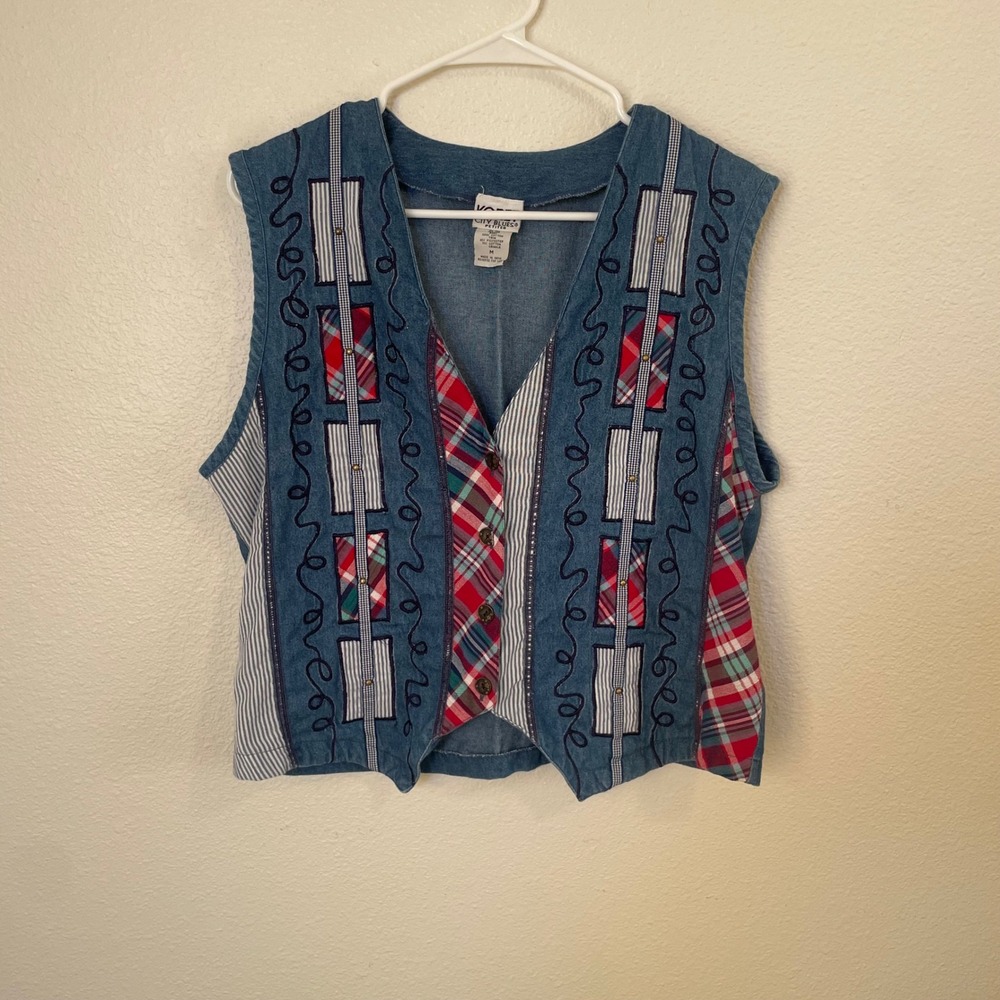 VTG Koret City Blues‎ Petites Womens M Denim Vest Patchwork Plaid Embroidered
